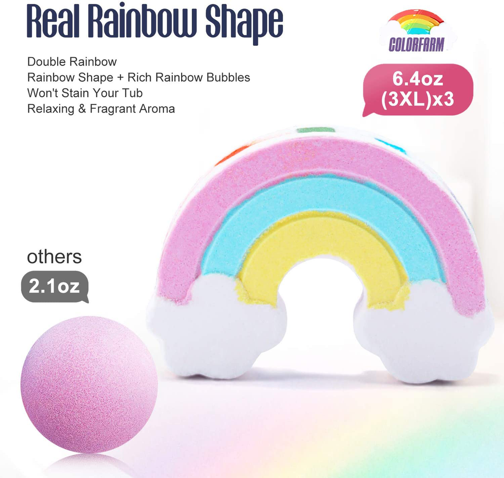 Real Rainbow Bath Bomb Set-Colorfarm 3Pcs XXL Bath Bombs for Kids with Fizzy Rainbow Bubbles&Natural Ingredients for Girls,Women Kids Relaxing Bath Bombs Idea for Birthday Gift