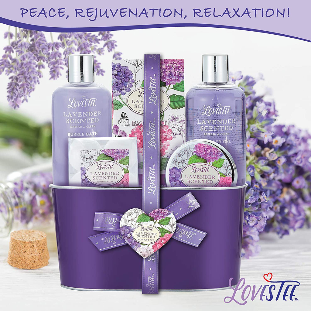 Bath and Body Spa Gift Basket for Women & Girls, Relaxing at Home Spa Kit, Lavender Bath Gift Sets for Birthday, Mothers Day, Includes Bubble Bath, Shower Gel, Body Lotion, Bath Salt and Bath Bombs