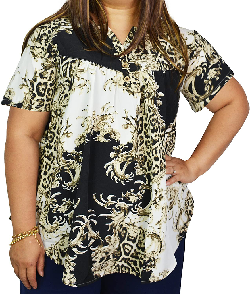 Women's Plus Size Floral Blouses Henley V Neck Button Up Top Ruffle Flowy Short Sleeve Tunics
