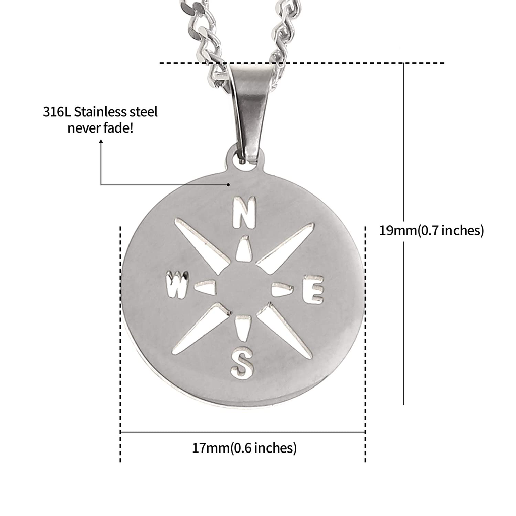 Made by Nami Necklace for Men with or without Various Pendants - Mens High-Quality Stainless Steel Necklace Chain 23" - Gold Silver Gun-Metal Black - Handmade Surfer Jewelry (Silver Compass)