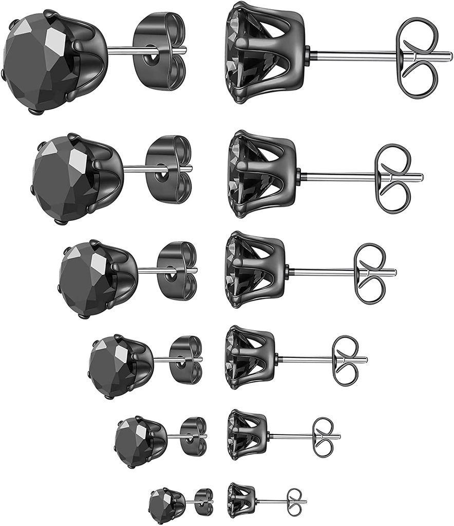 6 Pairs Stud Earrings Set,Clear Cubic Zirconia 316L Stainless Steel Earrings for Women for Men 3-8mm