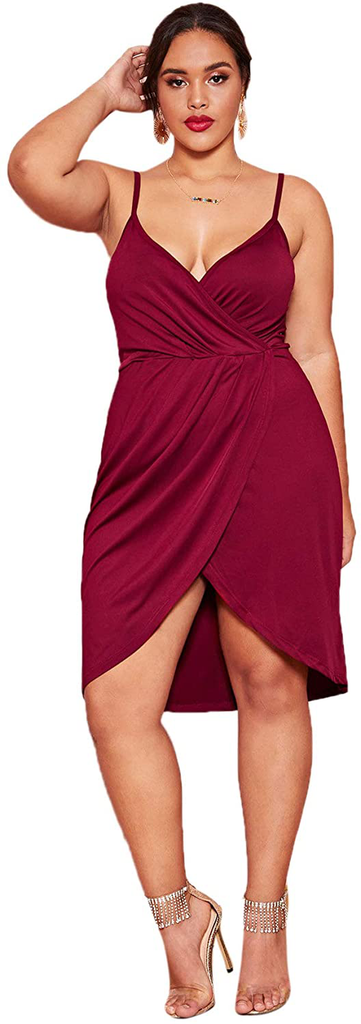 Romwe Women's Plus Size Sexy Wrap Deep V-Neck Split Summer Spaghetti Strap Sleeveless Party Mini Cami Dress