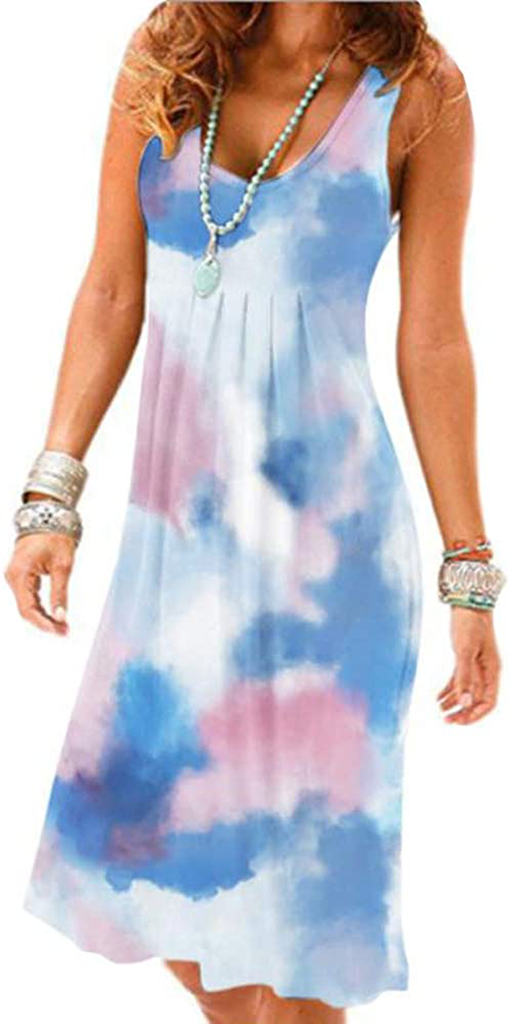Camisunny Women Casual Loose Tank Dresses Sleeveless Beach Vacation Dress Swing Pleated U Neck Fashion Soft