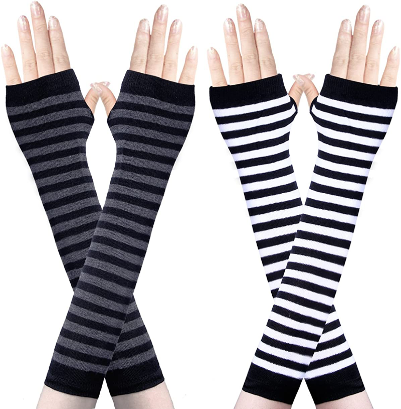 2 Pairs Women's Long Fingerless Gloves Knit Arm Warmer Thumb Hole Stretchy Gloves