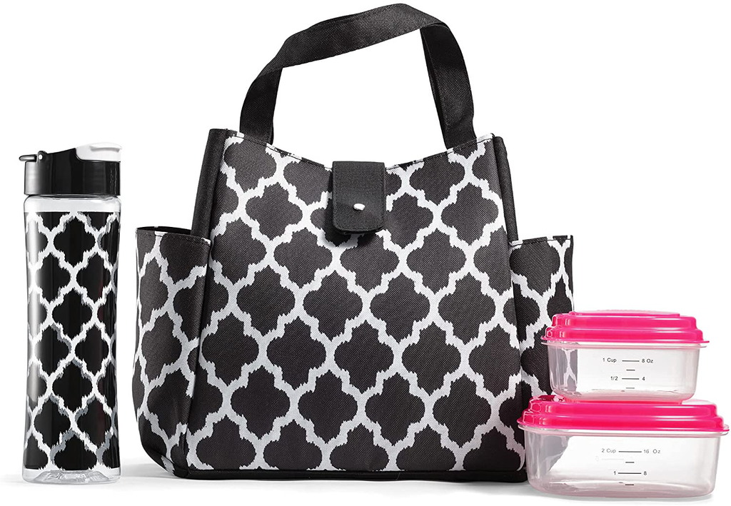 Fit + Fresh Westport Insulated Soft Liner Lunch Bag Kit with Reusable Containers, and Matching Water Bottle, Black & White Ikat Tile