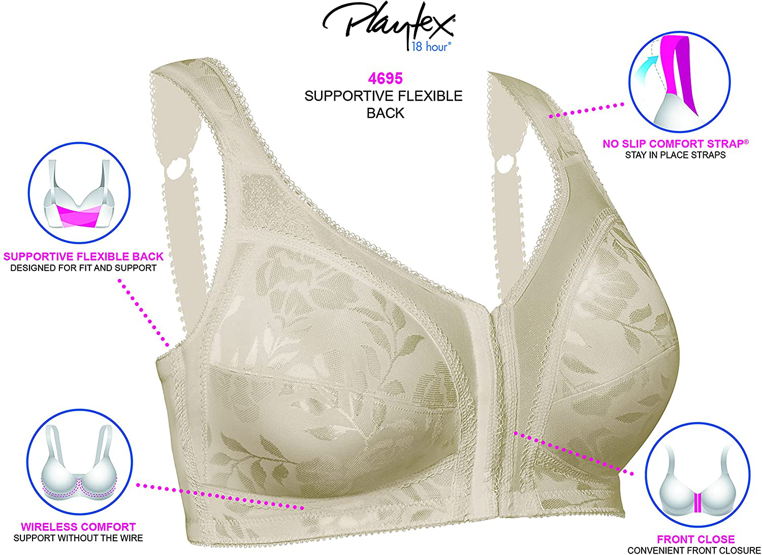 Playtex 18 Hour Supportive Flexible Back Front-Close Wireless Bra White 36DD  Women's 