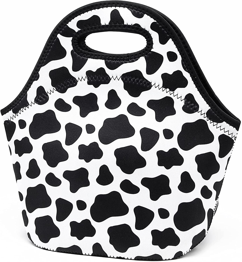 Neoprene Lunch Bags Insulated Lunch Tote Bags for Women Washable lunch container box for work picnic Lightweight Meal Prep Bags for Men Women (Cow printing, Neoprene)