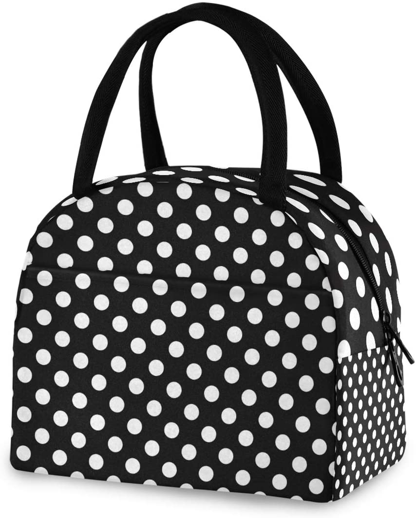 ZZKKO Polka Dot Black and White Lunch Bag Box Tote Organizer Lunch Container Insulated Zipper Meal Prep Cooler Handbag For Women Men Home School Office Outdoor Use