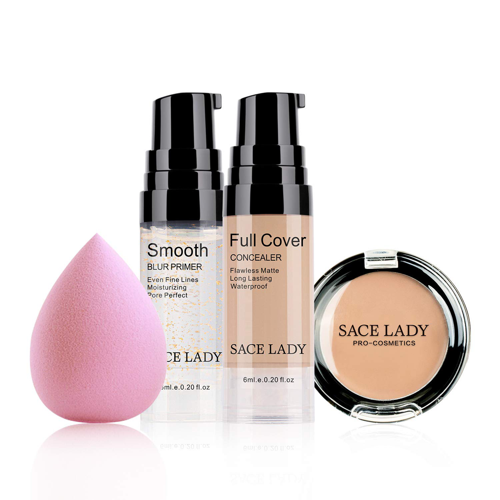 Waterproof Full Coverage Concealer with Primer Sponge Set, Smooth Matte Flawless Creamy Liquid Foundation Corrector Makeup Kit for Face Eye Dark Circle Spot Acne Scar Cover