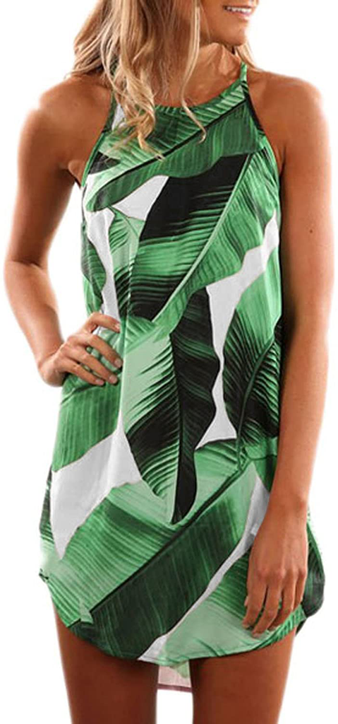 Asvivid Halter Palm Leaf Floral Casual Dresses for Women Summer Beach Dress Sleeveless Short Sundresses
