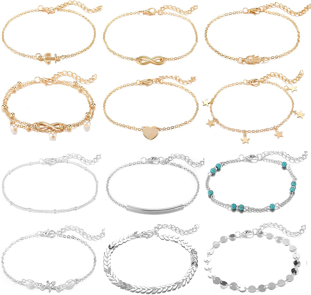 Softones 12Pcs Ankle Bracelets for Women Girls Gold Silver Two Style Chain Beach Anklet Bracelet Jewelry Anklet Set,Adjustable Size