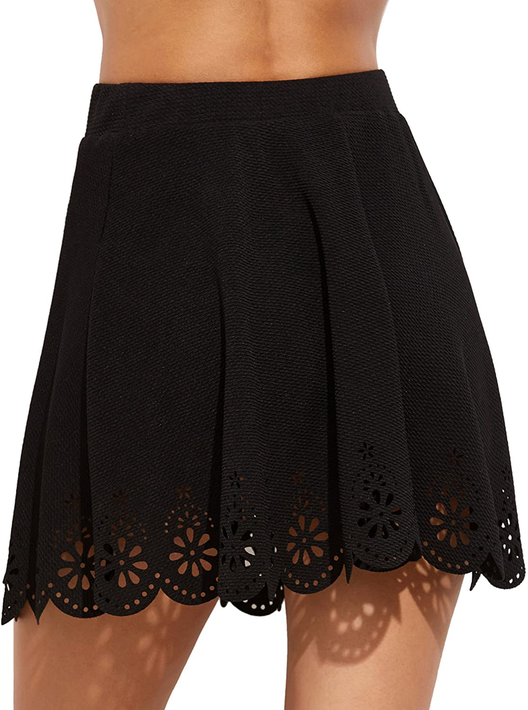 SheIn Women's Basic Solid Cutout Scallop Hem Flared Mini Skater Skirt