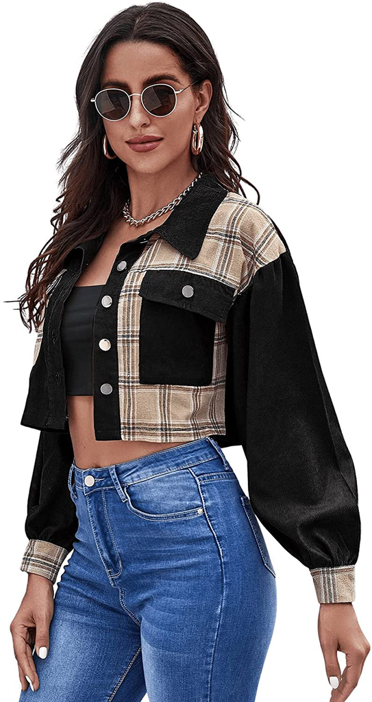 Verdusa Women's Plaid Pocket Front Colorblock Long Sleeve Crop Corduroy Jacket
