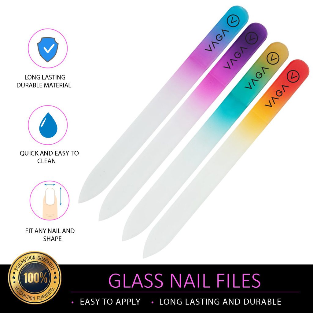 VAGA Crystal Glass Nail File Set of 4 Nail Care Crystals Glass Nail Files in Cheeky Colors, Fingernail File for Manicure, Nail Strengthener Hardener, Nails Buffer for Natural and Acrylic Nail Filer