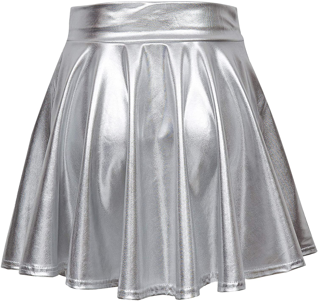 EXCHIC Women's Shiny Metallic Wet Look Stretchy Flared Mini Skater Skirt