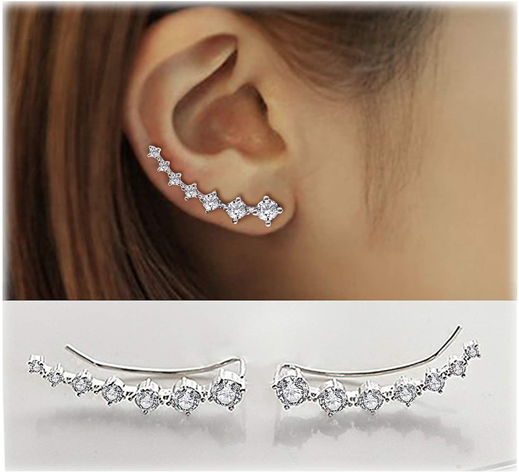 Earring for Women Cartilage 7 Crystals Ear Cuffs Hoop Climber S925 Sterling Silver Earrings with Cubic Zirconia CZ Hypoallergenic Piercing Gifts for Her