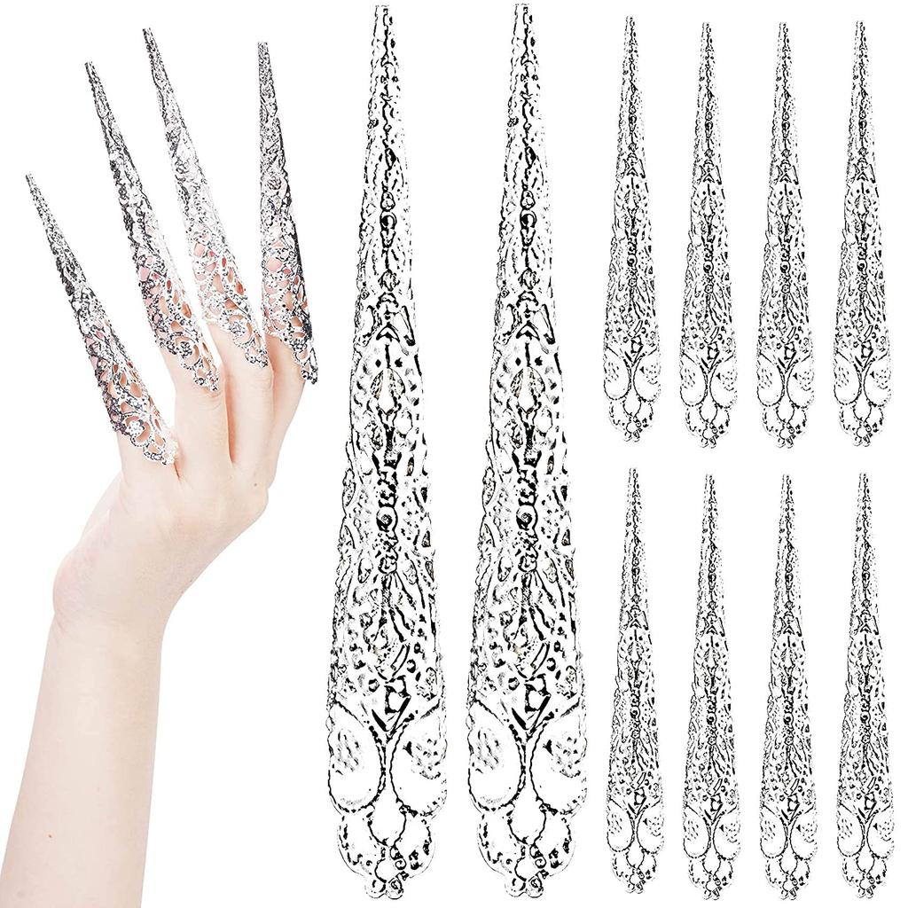 ANCIRS 10 Pack Finger Nail Tip Claw Rings, Ancient Queen Costume Fingertip Claw Nail Rings Decoration Accessory, Finger Knuckle Protectors for Halloween Cosplay Drama Dance Show
