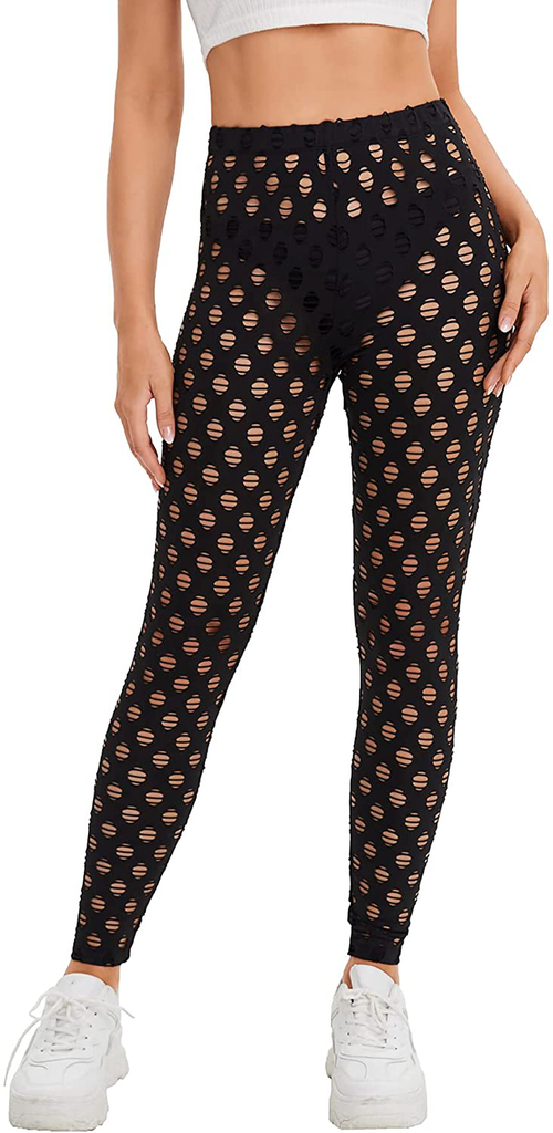 Verdusa Women's Elastic Waist Geo Print Sheer Mesh Skinny Cropped Leggings