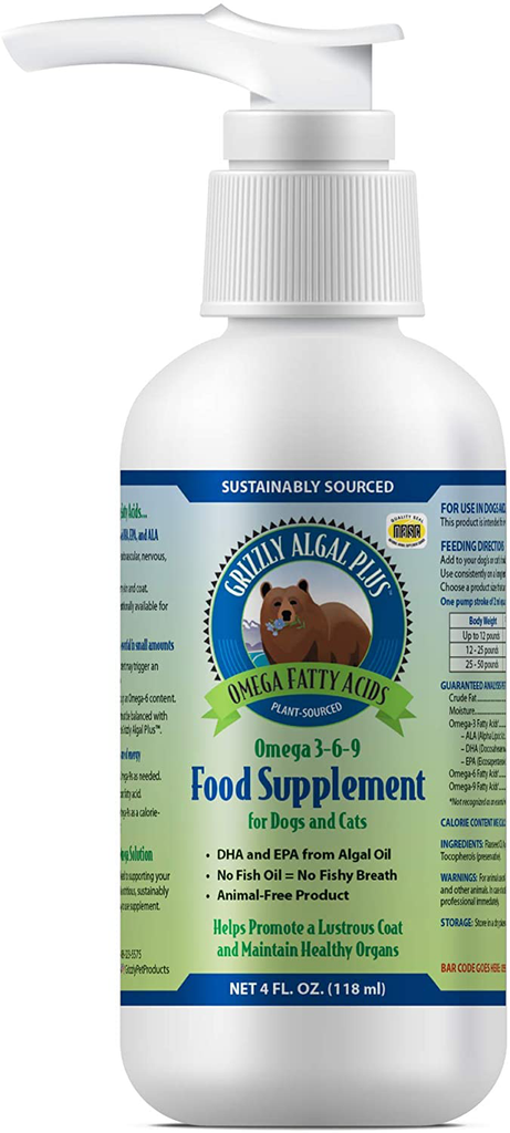 Grizzly Algal Plus Omega Fatty Acids Food Supplement for Dogs & Cats (Various Sizes) - Vegan, Sourced & Made in USA, Plant-Sourced Algal Oil Omega 3-6-9, Lustrous Skin & Coat