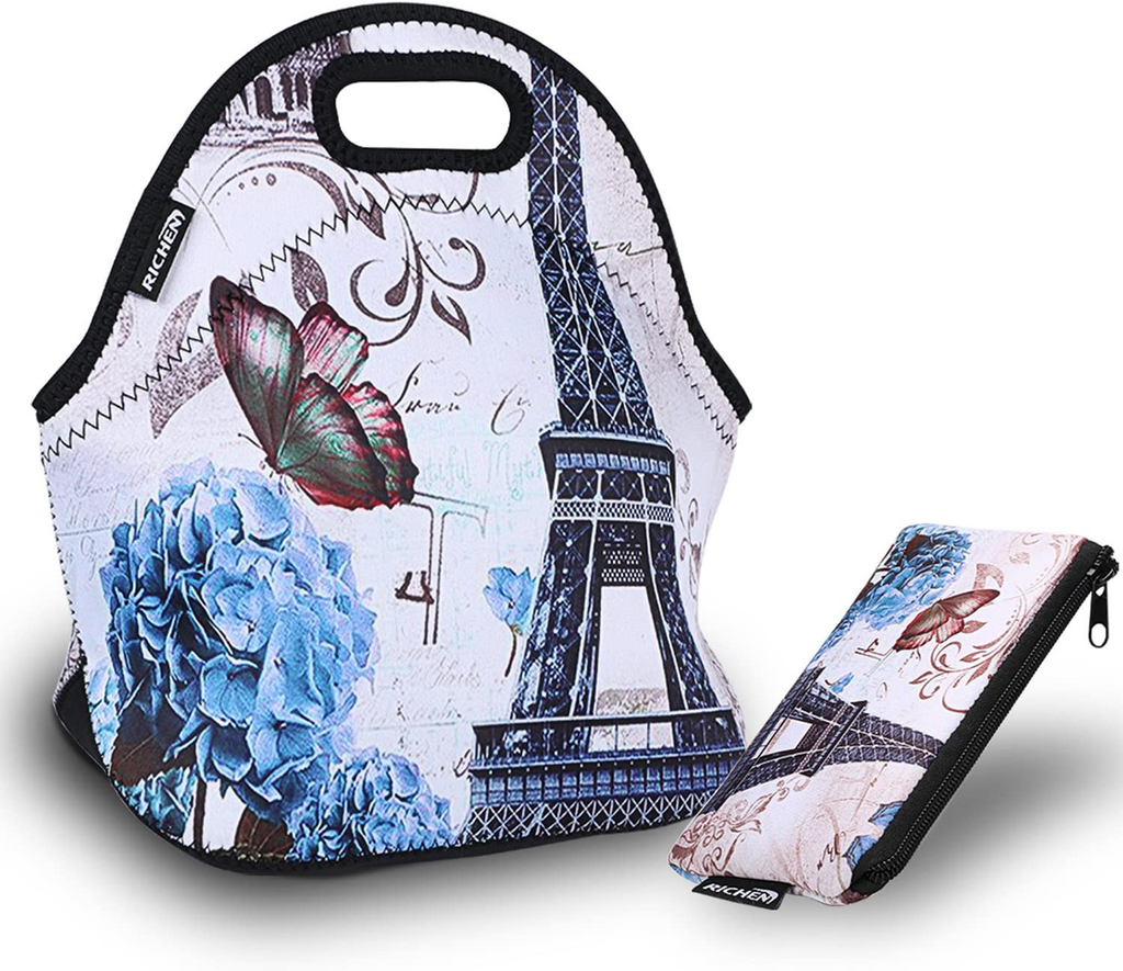 RICHEN Neoprene Lunch Bag with Cutlery Kit Neoprene Case for Knife,Fork,Spoon,Thermal Thick Lunch Tote Bag,Reusable Bags for Adults and Kids,Blue Flower Eiffel Design (RLB-10)