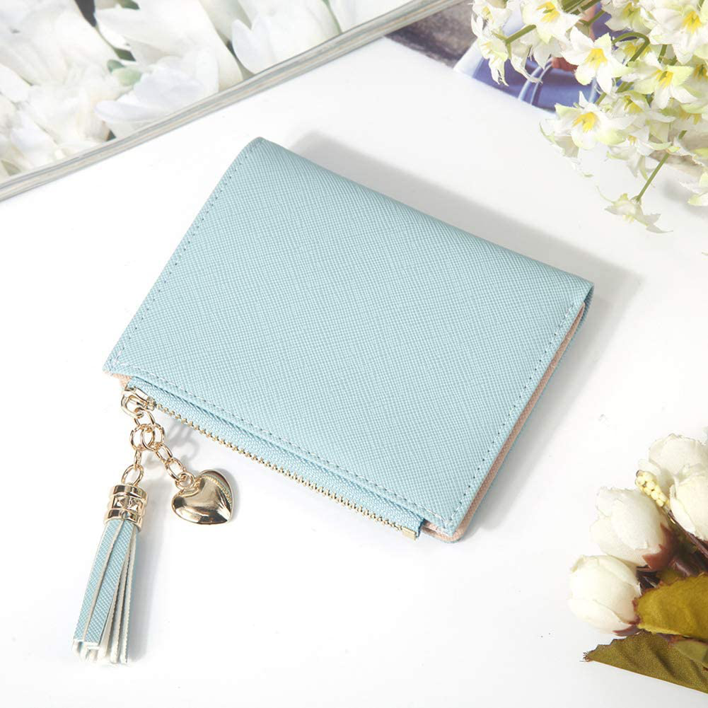 Belsmi Women's Small Compact Slim Leather Mini Wallet Lady Purse Zipper Pocket Card Organizer Bifold Wallets (Blue)