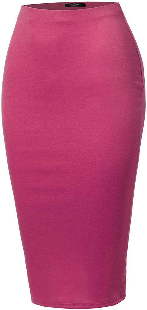 SSOULM Women's Work Office Stretchy Fitted Midi Pencil Skirt with Back Slit and Plus Size