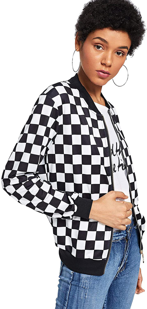 WDIRARA Women's Zip Front Plaid Print Long Sleeve Stand Collar Casual Jacket