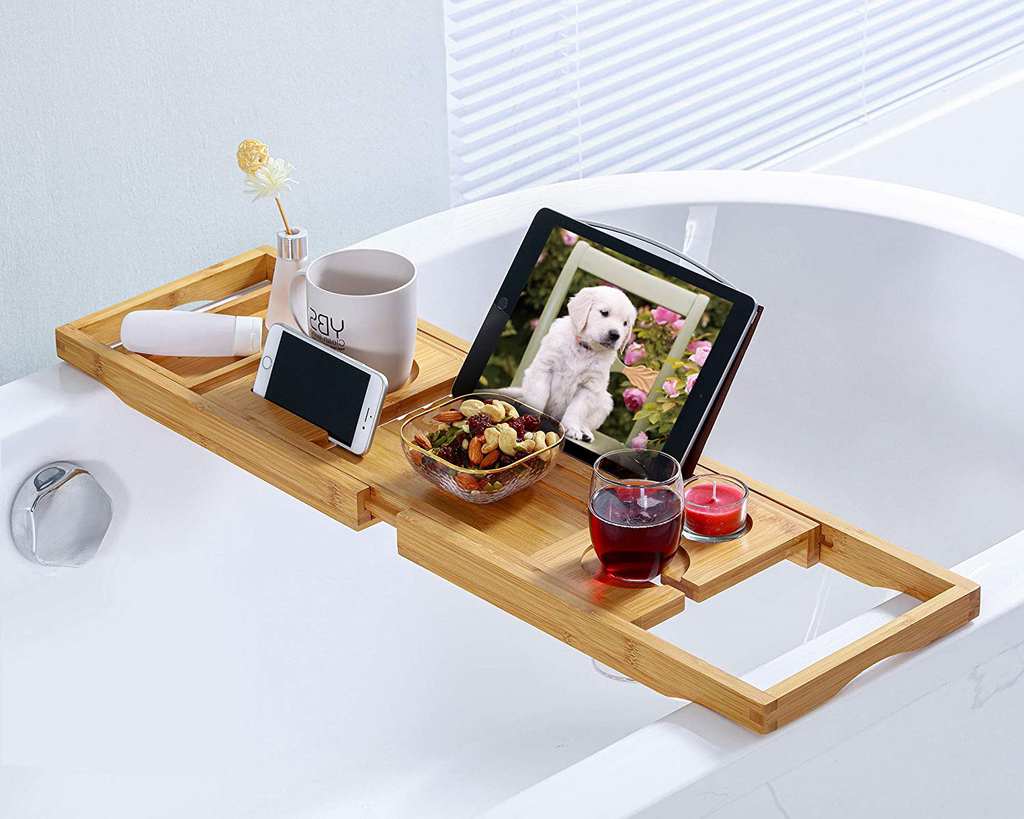 Bamboo Bathtub Caddy Tray, Expandable Bath Tray for Tub with Upgraded Wine Slots and Book Holder - Ideal for One or Two Person Use