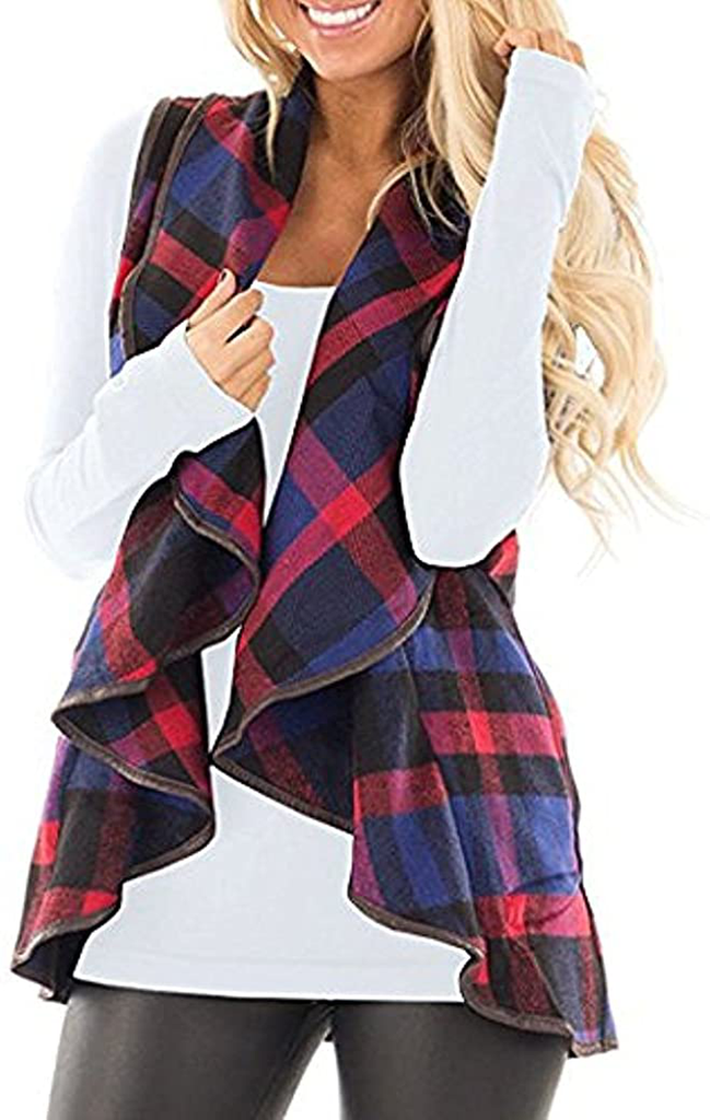 Rvshilfy Women's Color Block Lapel Open Front Sleeveless Plaid Vest Cardigan with Pockets