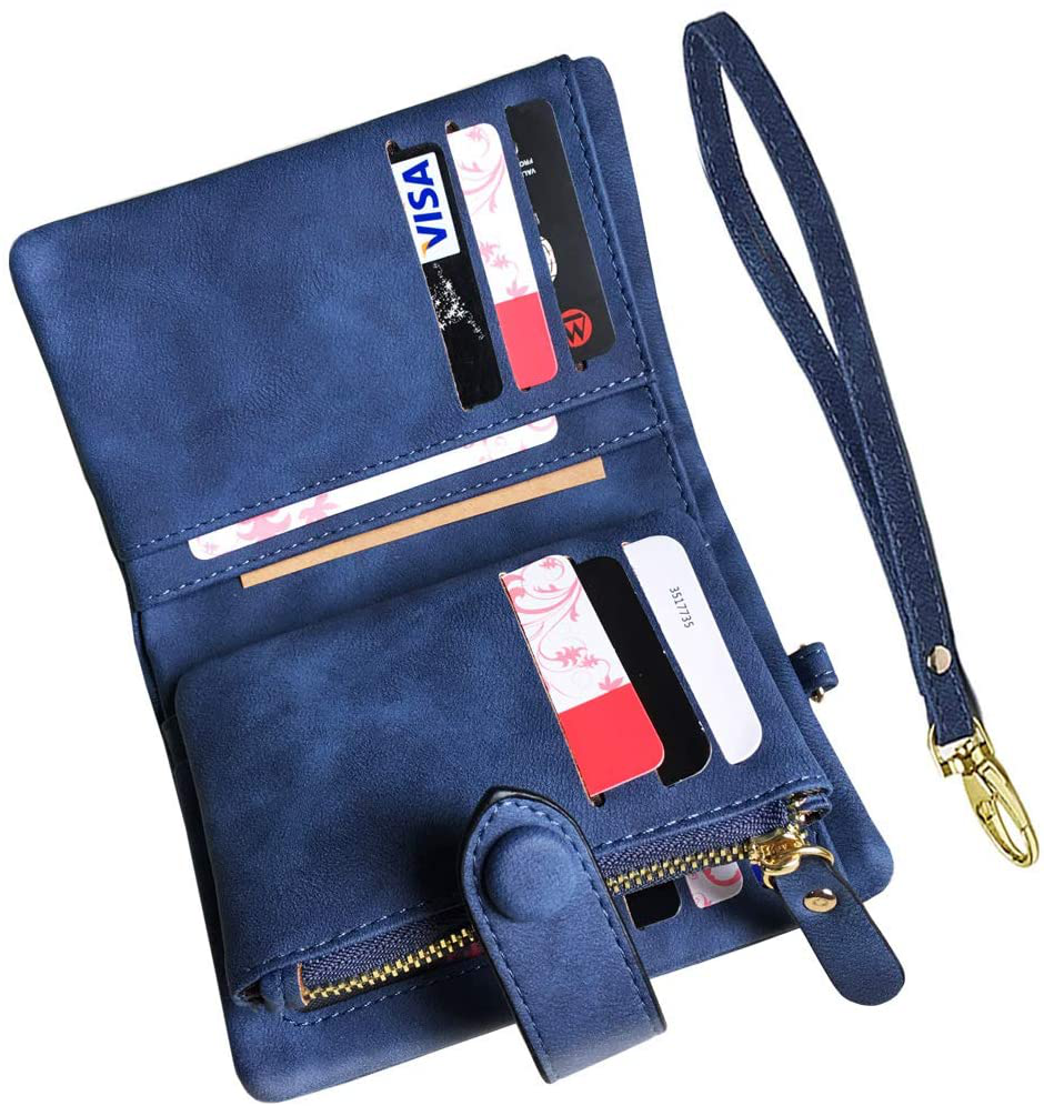AOXONEL Women's Small Bifold Leather wallet Rfid blocking Ladies Wristlet with Card holder id window Coin Purse (Blue)