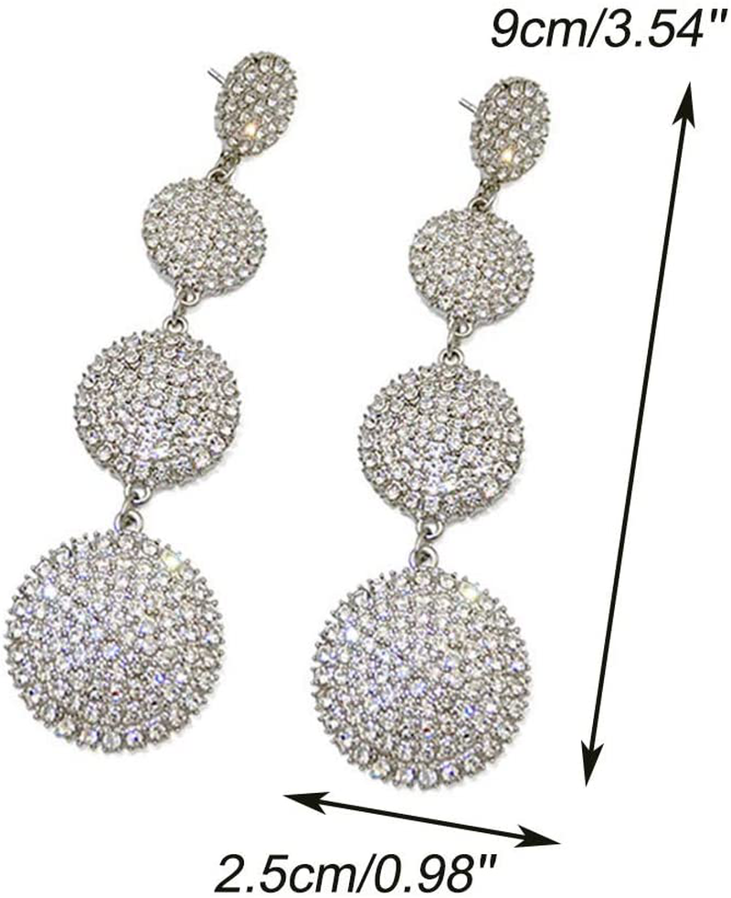 Xerling Trendy Rhinestones Earrings Iced Out Round Disc Earrings Long Dangle Drop Earrings Glitter Sparkly Jewelry for Bridal Women Statement Accessories