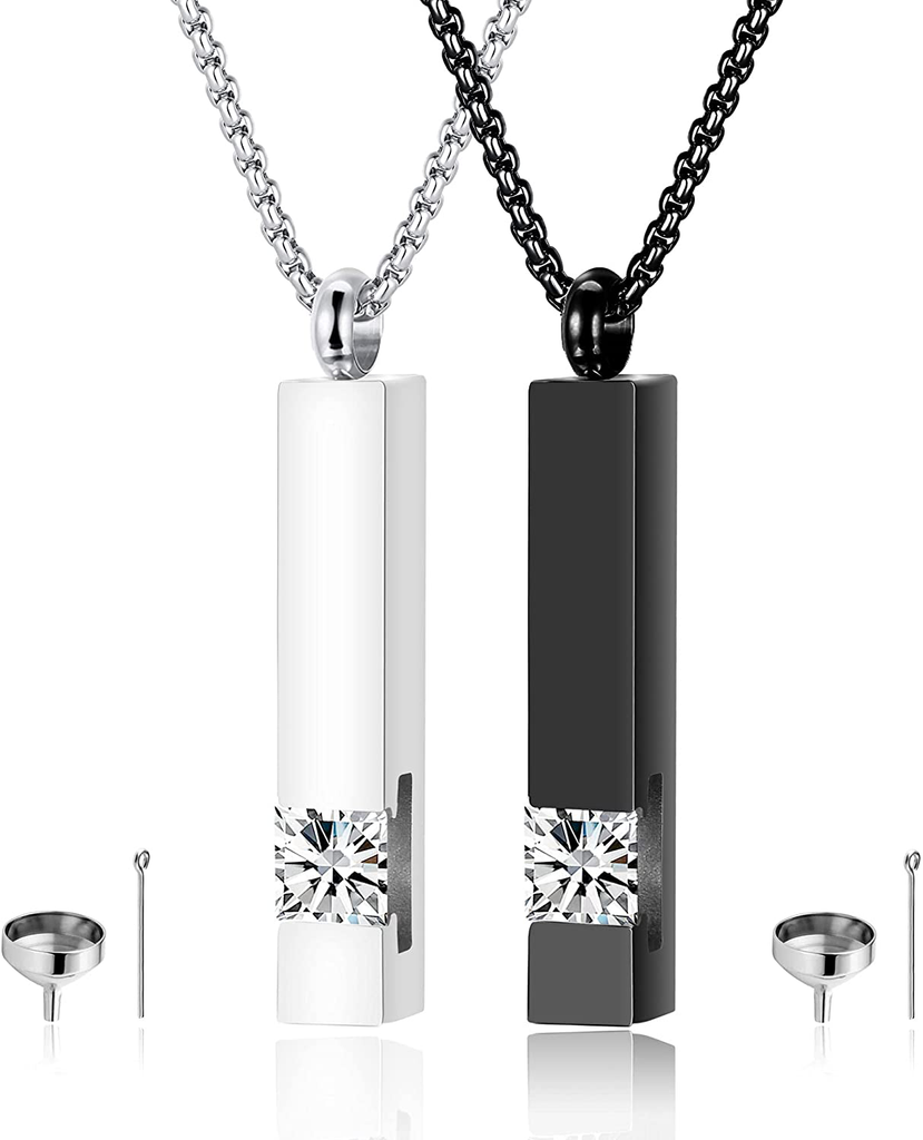 2 Pcs Urn Necklaces for Ashes Memorial Cremation Urn Necklace Stainless Steel Black Silver Tone Bar Pendant Necklace Ashes Keepsake Jewelry with Cubic Zirconia