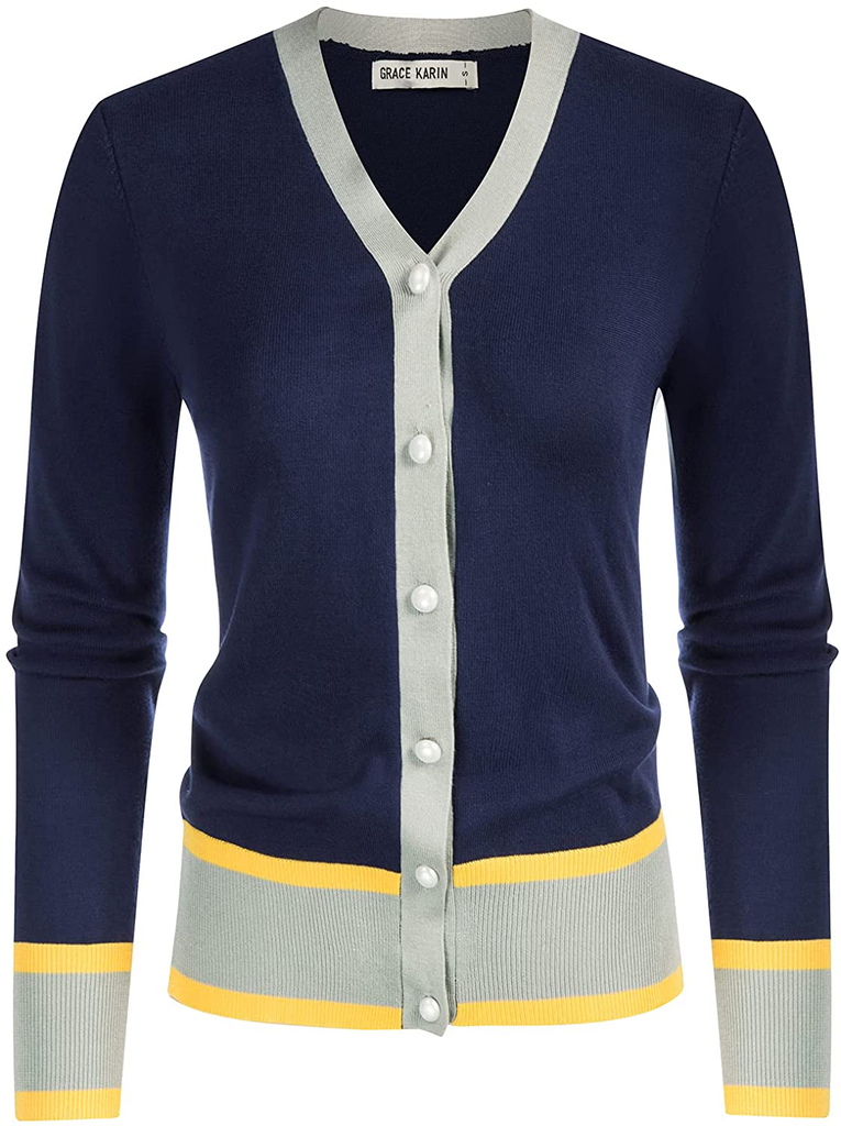 GRACE KARIN Women's Long Sleeve Button Down Vee Neck Classic Sweater Knit Cardigan