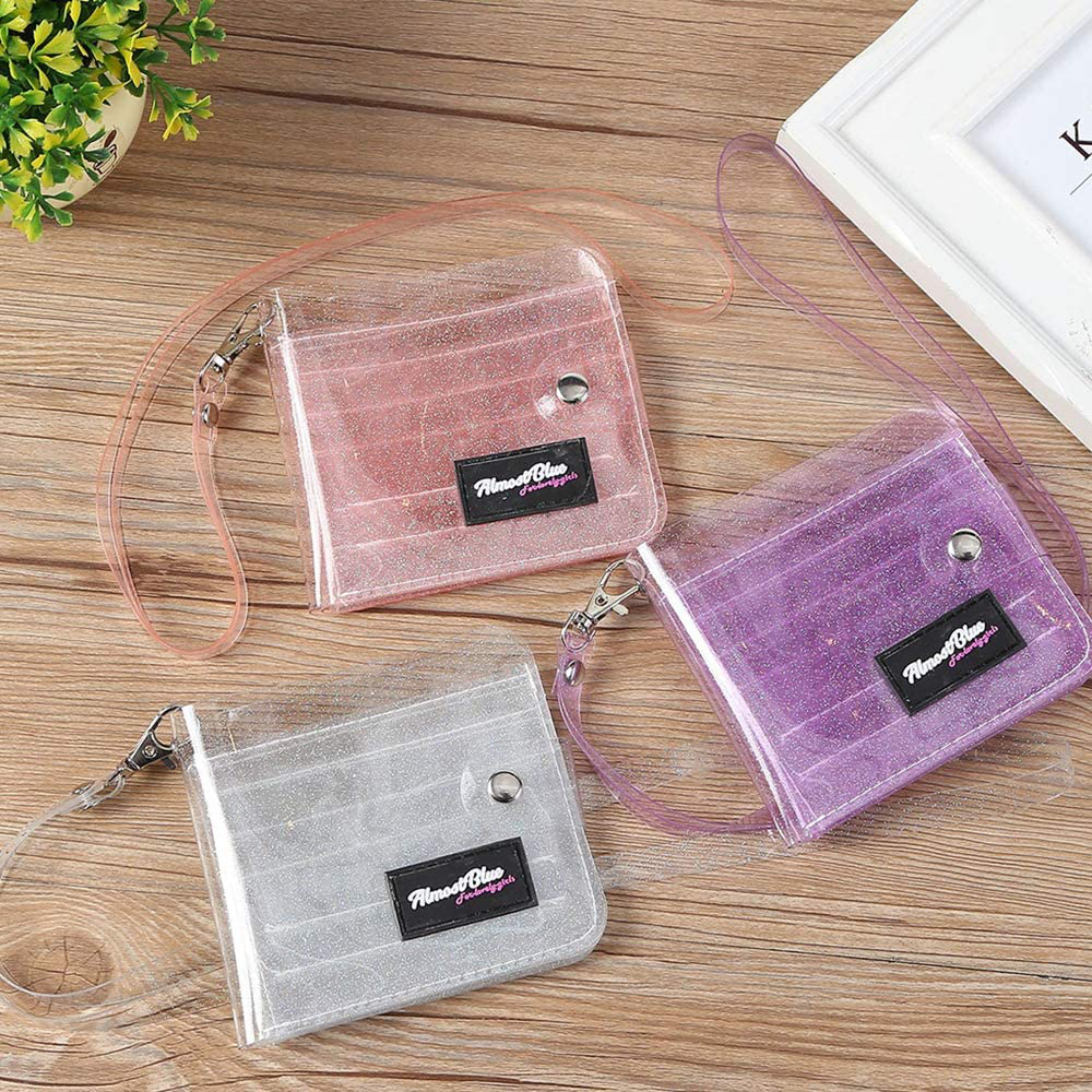Cards Holder Clear wallet Transparent Purse Glitter PVC Card Bag Women Neck Lanyard Folding Card ID Cases Cash Coin Photo Stickers Holder Purple