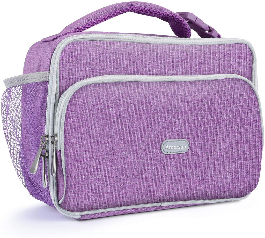 Amersun Lunch Bag for Women,Sturdy Insulated Lunch Box with Padded Liner Keep Food Warm Cold for a Long Time,Water-resistant Thermal Lunch Cooler for Girls Adults Work Travel Picnic(2 Pockets,Purple)