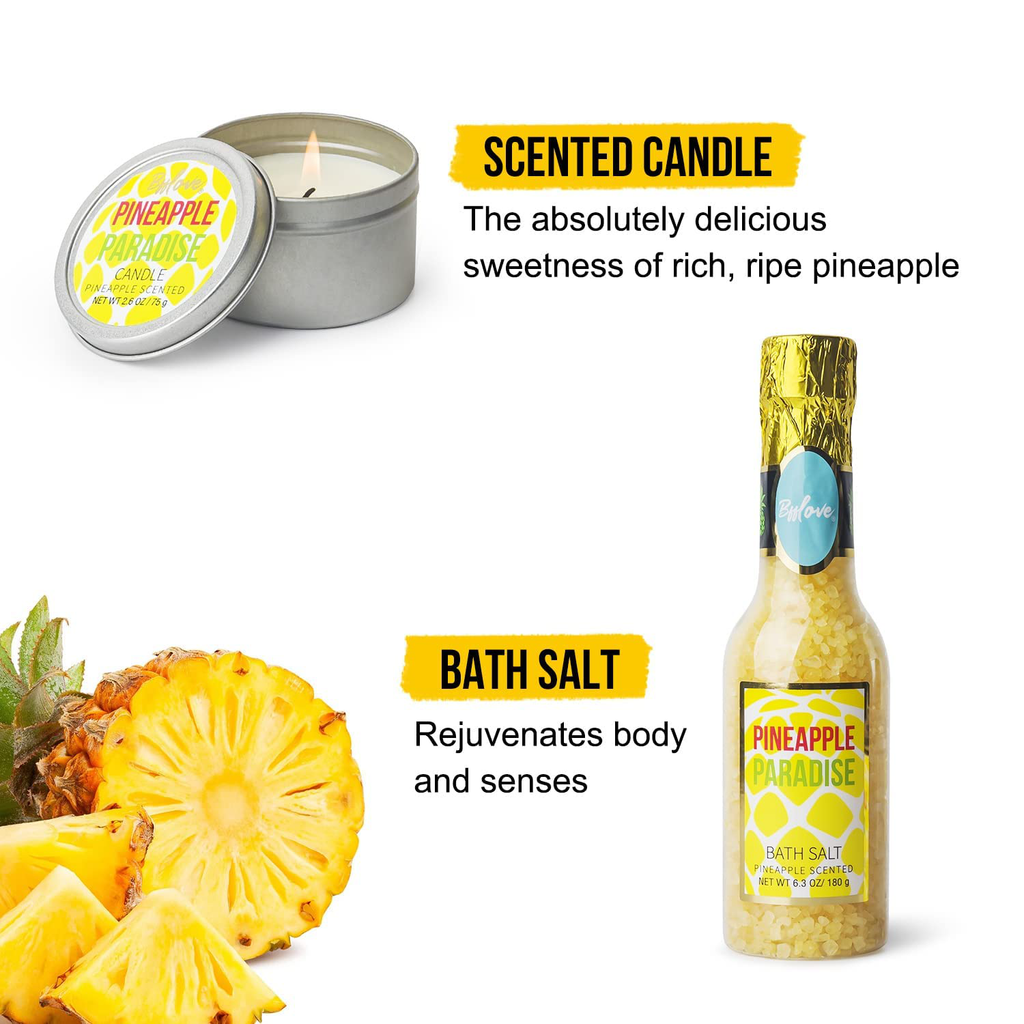 Spa Gift Set for Women, Gifts for Women, 5 Piece Bath and Body Set with Pineapple Scented Includes Essential Oil, Scented Candle, Bath Salt, Bath Bomb and Salt Scrub. Perfect Gift Box for Christmas