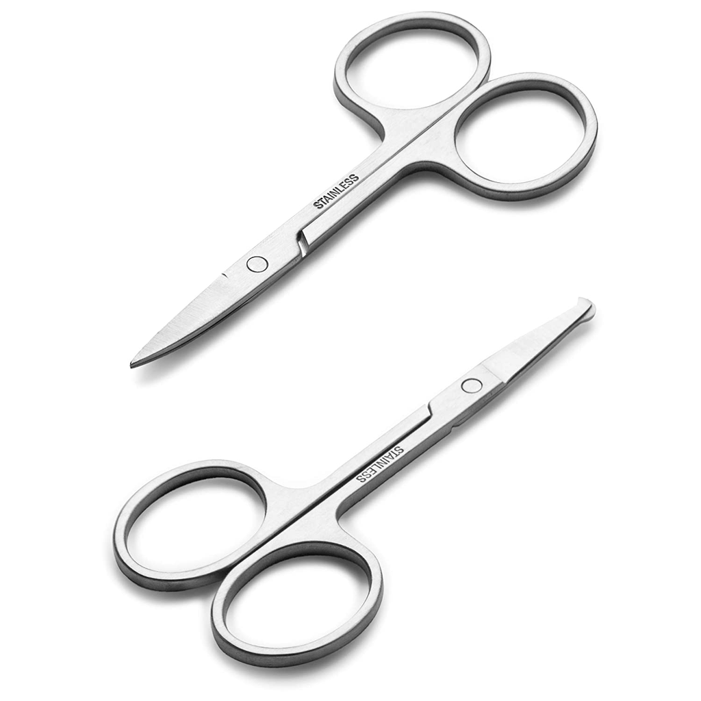 Facial Hair Small Grooming Scissors for Men Women - Eyebrow, Nose Hair, Mustache, Beard, Eyelashes, Ear Trimming Kit - Curved and Rounded Safety Tip Clippers for Hair Cutting - Stainless Steel 2PCS