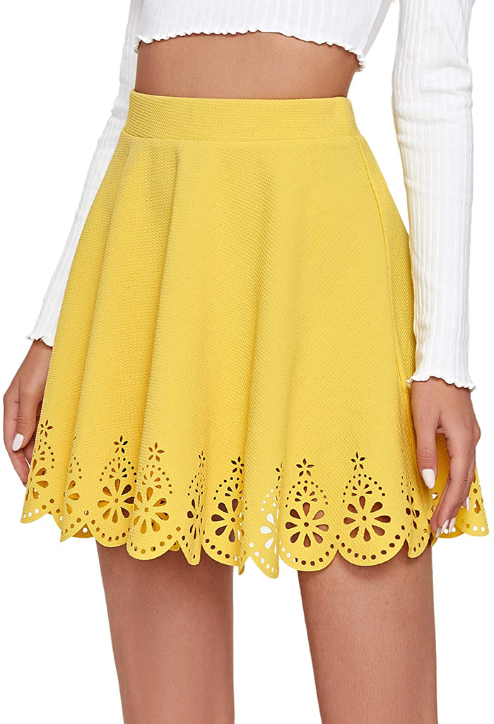 SheIn Women's Basic Solid Cutout Scallop Hem Flared Mini Skater Skirt