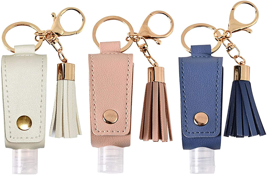 Portable Empty Travel Bottle Keychain Hand Sanitizer Bottle Holder 3 Pack 1Oz / 30Ml Small Squeeze Bottle Refillable Containers for Toiletry Shampoo Lotion Soap (White+Pink+Blue)