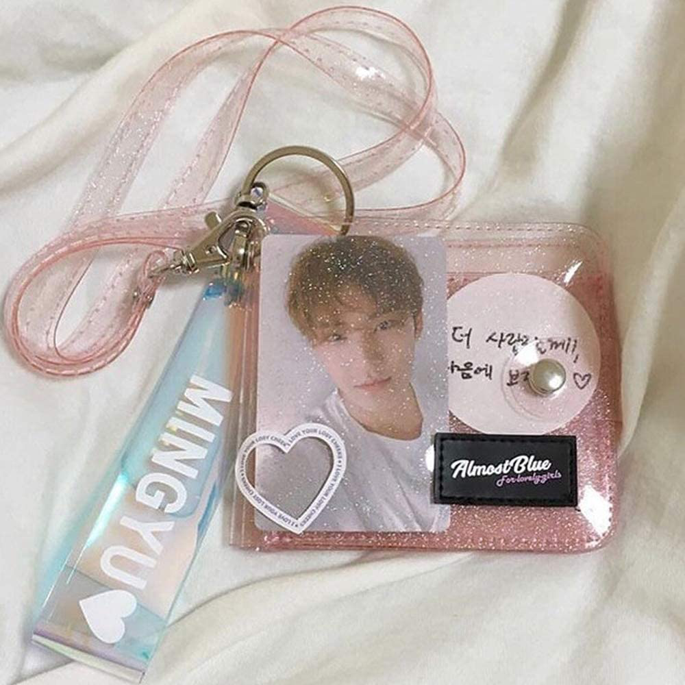 Cards Holder Clear wallet Transparent Purse Glitter PVC Card Bag Women Neck Lanyard Folding Card ID Cases Cash Coin Photo Stickers Holder Pink