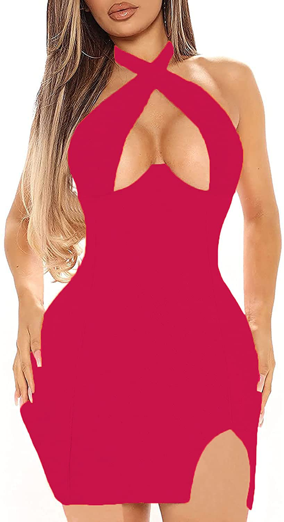 LYANER Women's Cut Out Halter Wrap Sexy Bodycon Party Sleeveless Tank Mini Dress