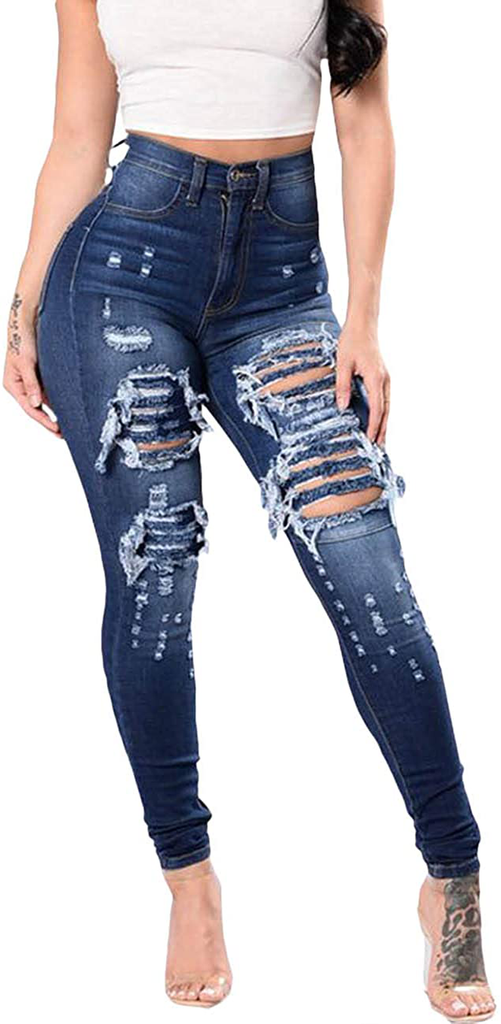 Sexyshine Women's High Waisted Skinny Destroyed Ripped Hole Denim Pants Long Stretch Pencil Jeans