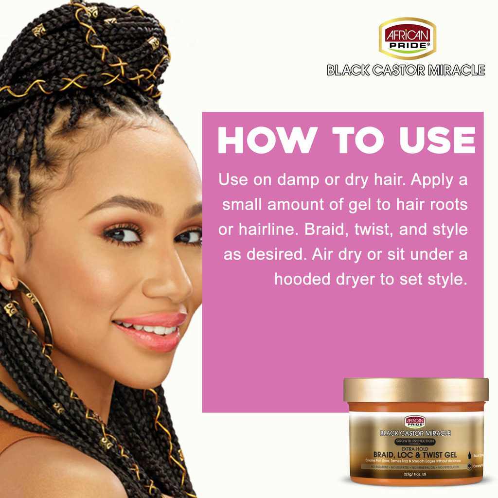 African Pride Black Castor Miracle Extra Hold Braid, Loc, Twist Gel - Tames Frizz & Edges, No Parabens, No Sulfates, No Mineral Oil, No Petrolatum, Contains Black Castor & Coconut Oil, 8 Oz