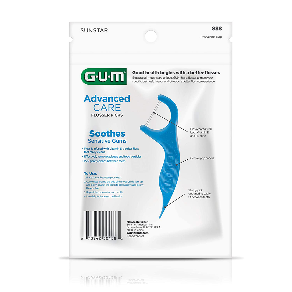 GUM - 888DF Advanced Care Flossers, Fresh Mint Dental String Floss Picks, Vitamin E & Fluoride, 90 Count