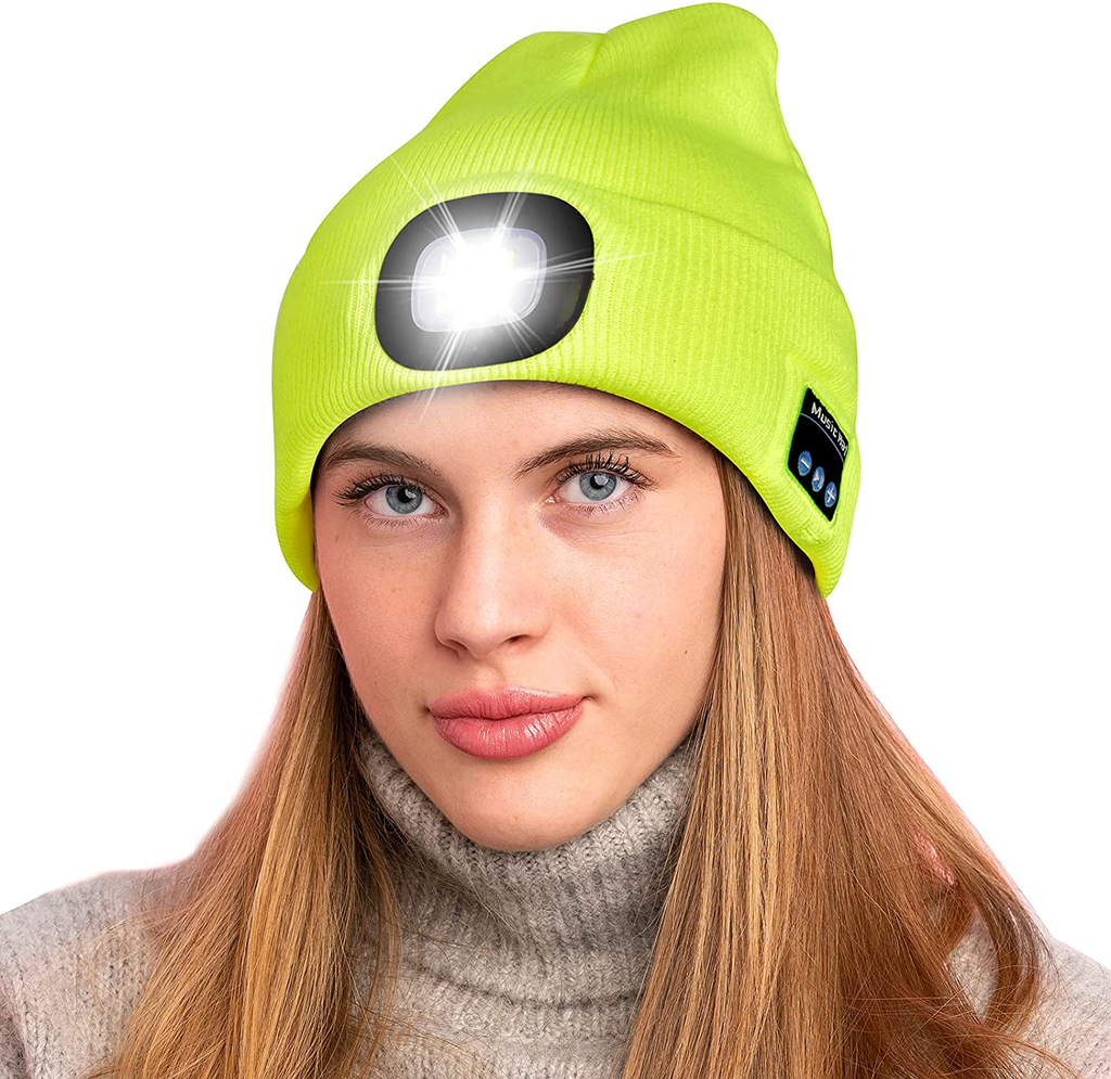 Keains Unisex Bluetooth Beanie with Headlight,Upgraded Musical Knitted Cap with Headphone and Built-In Stereo Speakers & Mic,Led Hat for Running Hiking,Chirstmas Gifts for Men Women