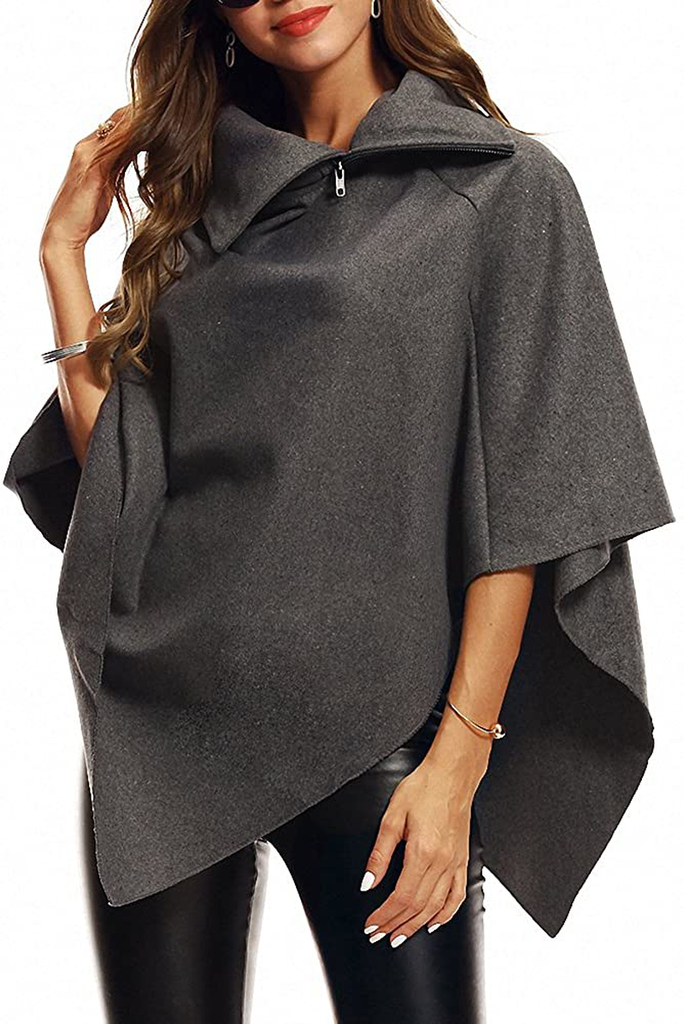 Afibi Womens Solid Wool Hooded Turn-Down Poncho Jacket Cloak Coat