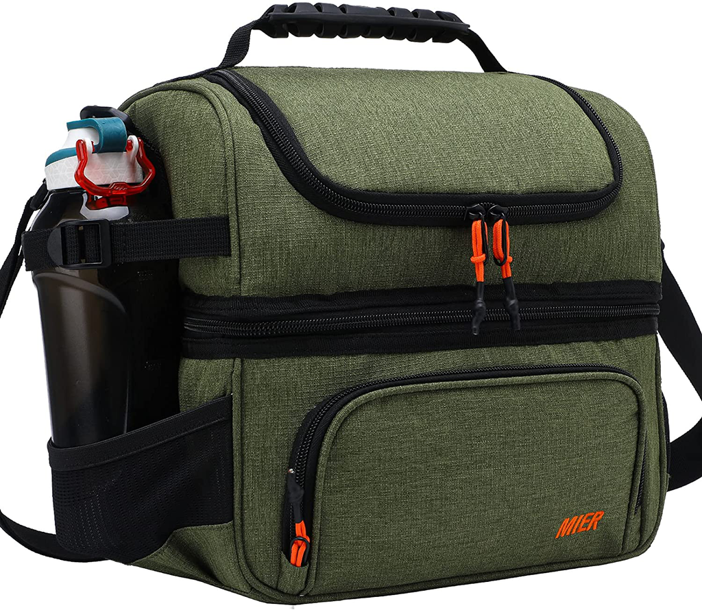 MIER Dual Compartment Lunch Bag Tote with Shoulder Strap for Men and Women Insulated Leakproof Cooler Bag, Army Green