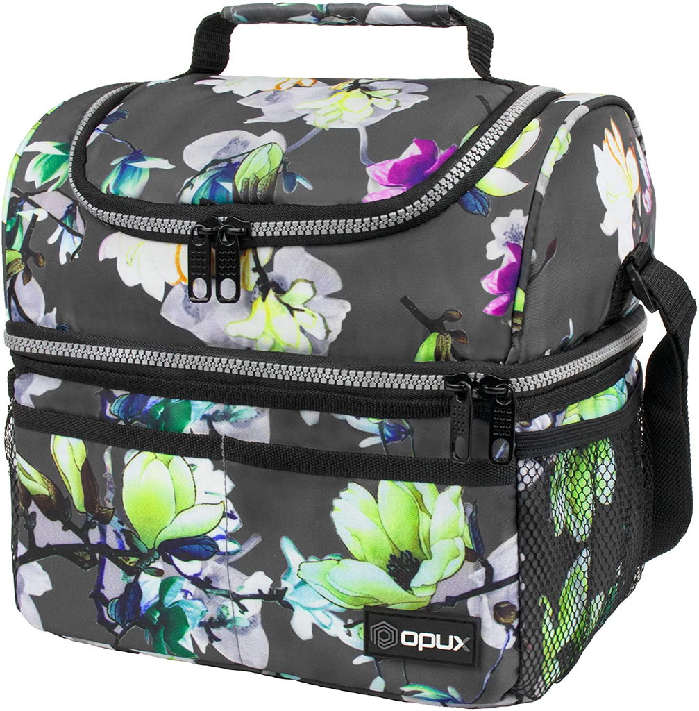 Insulated Dual Compartment Lunch Bag for Women, Ladies | Double Deck Reusable Lunch Box Cooler with Shoulder Strap, Leakproof Liner | Medium Lunch Pail for School, Work, Office (Floral Grey)