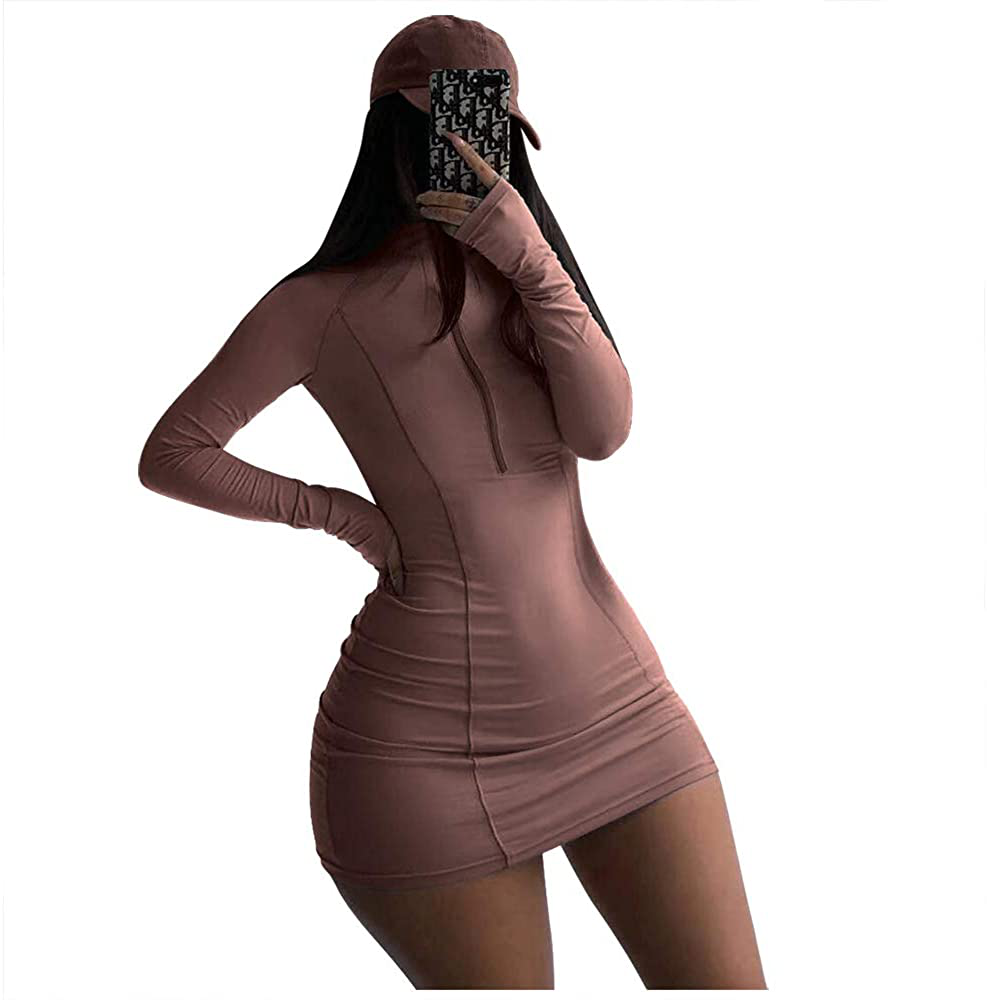 XLLAIS Women Long Sleeve Bodycon Dress with Zipper High Neck Cotton Ou MODAndME XLLAIS Women Long Sleeve Bodycon Dress with Zipper High Neck Cotton Ou MODAndME