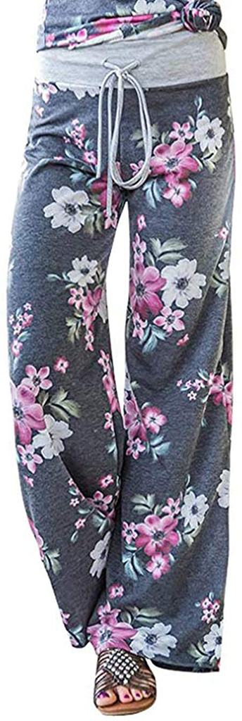 Askwind Women's Floral Print Comfy Stretch Drawstring Palazzo Wide Leg Lounge Pants